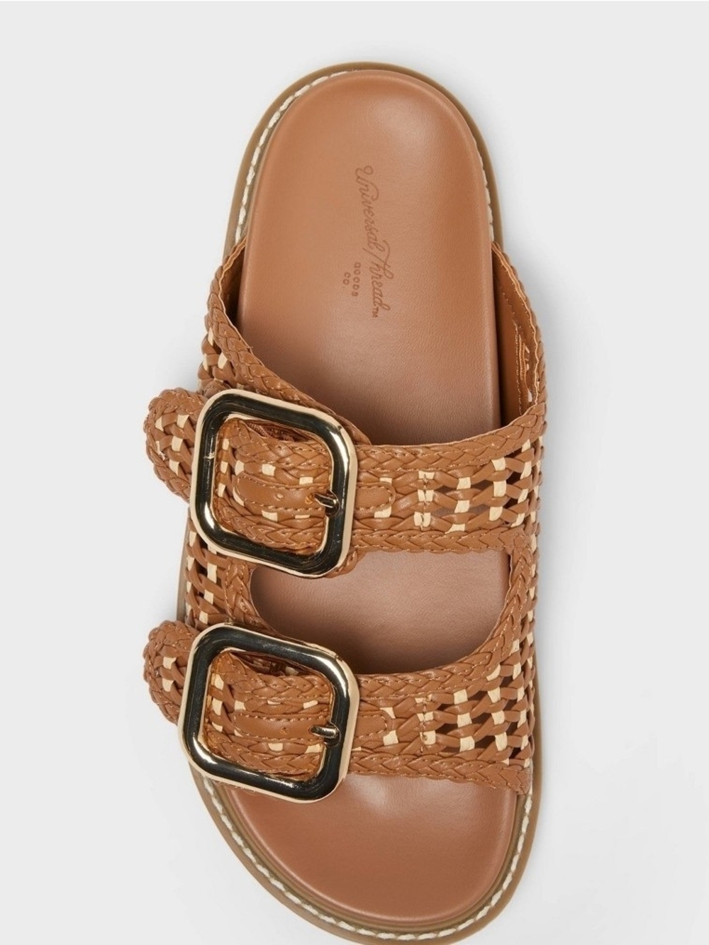 Universal Thread Braided Double-Buckle Slide Sandal - Brown with Gold Buckles